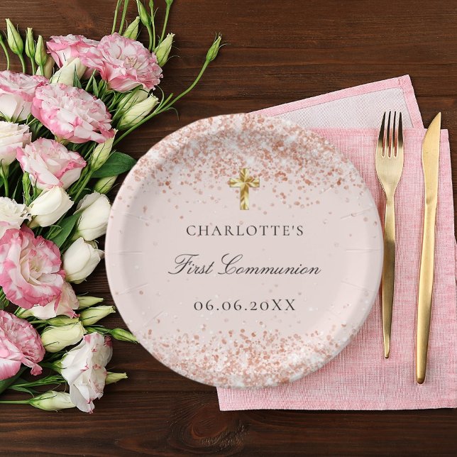 First Communion blush rose gold glitter name Paper Plate (Creator Uploaded)