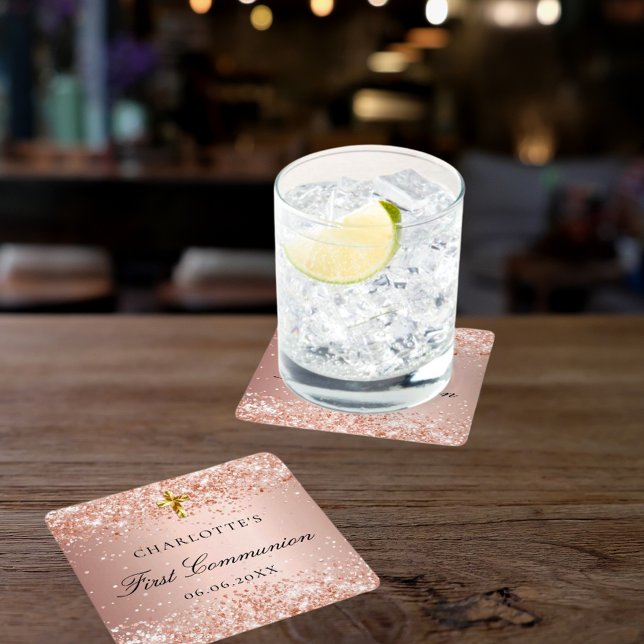 First Communion blush rose gold glitter name  Square Paper Coaster (Creator Uploaded)