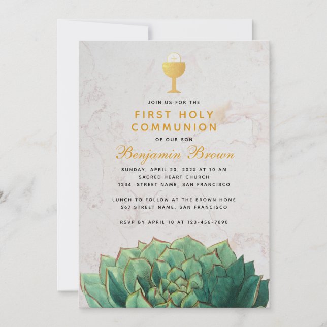  First Communion Botanical Succulent Gold Chalice  Invitation (Front)