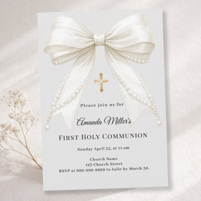 First Communion bow ivory pearls girl grey Invitation (Creator Uploaded)
