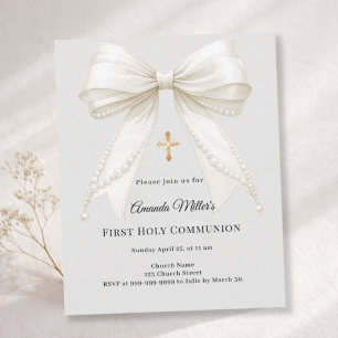 First Communion bow ivory pearls gray invitation