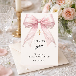 First Communion bow pink ivory pearls gold cross Thank You Card