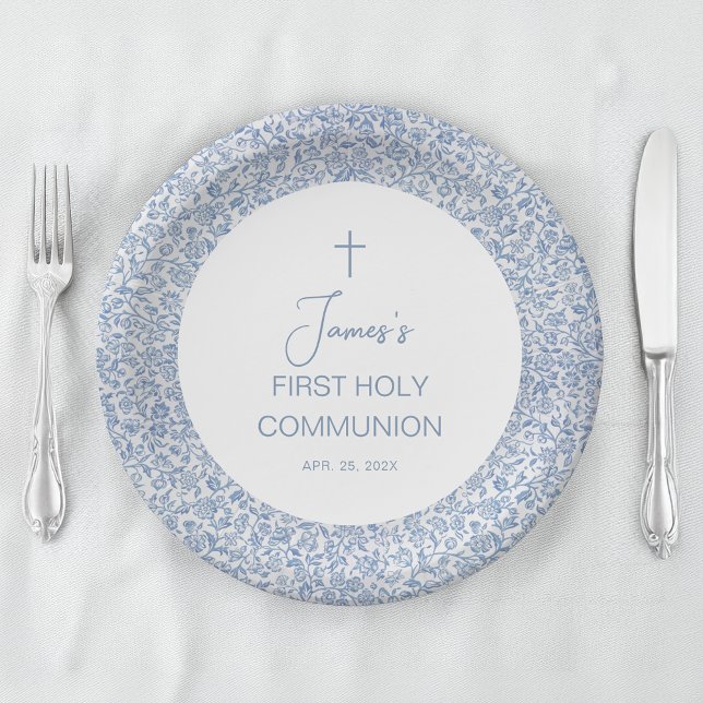 First Communion Boy Blue and White Floral Pattern Paper Plate (Creator Uploaded)