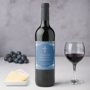 First Communion Boy Blue Faux Silver Cross Elegant Wine Label