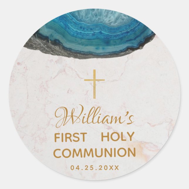 First Communion Boy Blue Geode  Marble Gold Cross Classic Round Sticker (Front)
