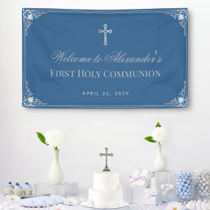 First Communion Boy Classic Blue Elegant Cross Banner