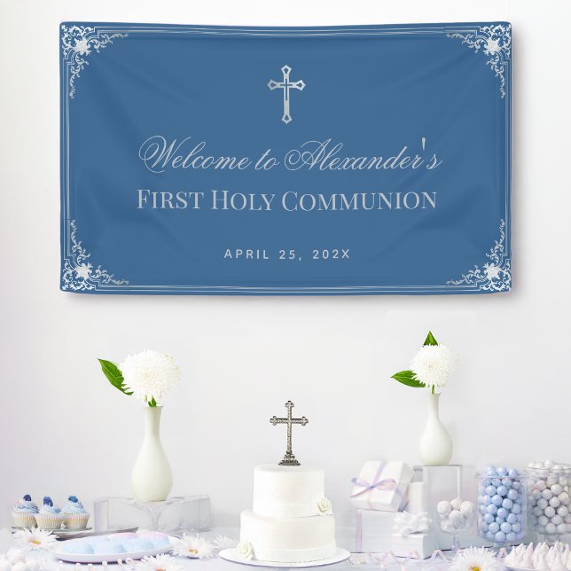 First Communion Boy Classic Blue Elegant Cross Banner (Creator Uploaded)