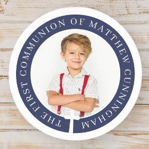 First Communion Boy Custom Photo & Simple Cross Classic Round Sticker
