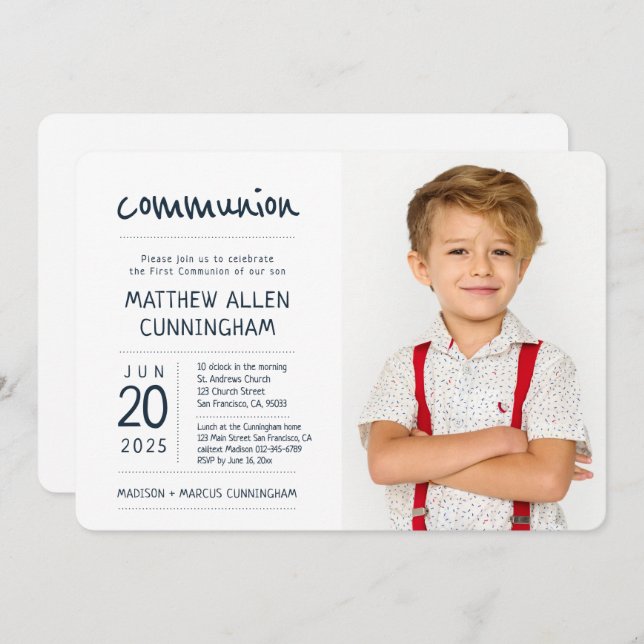 First Communion Boy | Modern + Simple Photo Invitation (Front/Back)