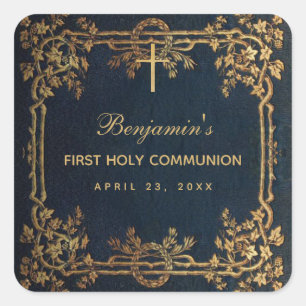 First Communion Boy Navy Blue Vintage Gold Vines Square Sticker
