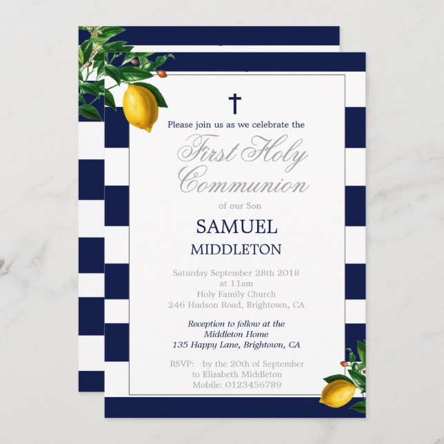 First Communion Boy Navy Lemons Silver Religious Invitation (Front/Back)