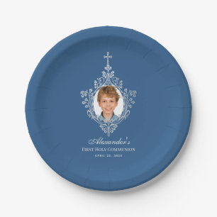 First Communion Boy Photo Classic Blue Elegant Paper Plate