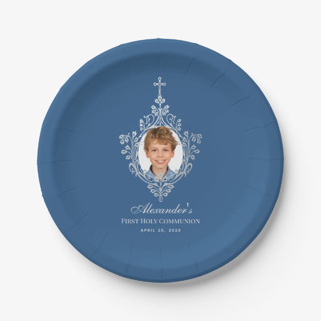 First Communion Boy Photo Classic Blue Elegant  Paper Plate (Front)