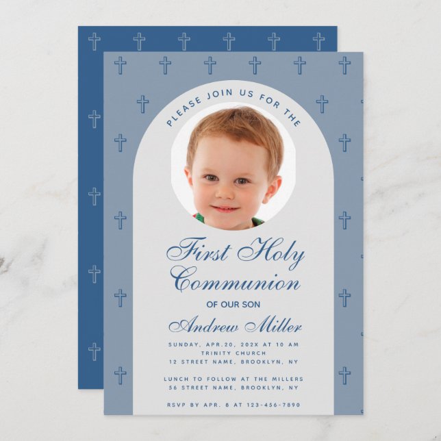 First Communion Boy Photo Dusty Blue Arch Modern Invitation (Front/Back)