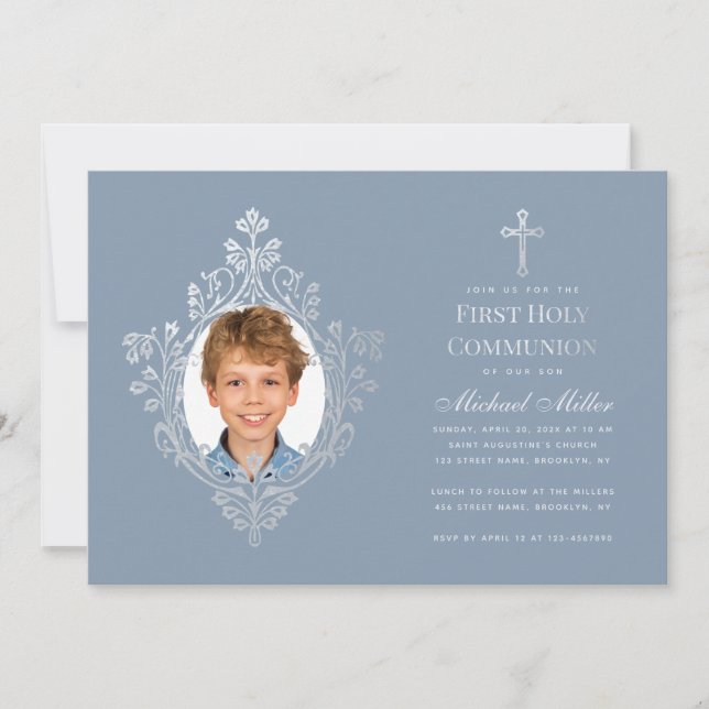 First Communion Boy Photo Dusty Blue Faux Silver Invitation (Front)
