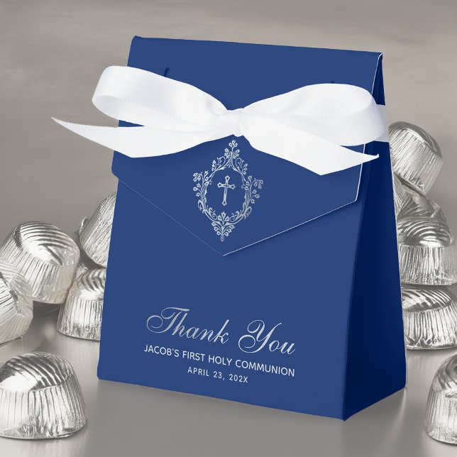 First Communion Boy Royal Blue Faux Silver Crest Favour Box (Creator Uploaded)