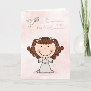 First Communion, Brown Hair Girl, Congratulations Card