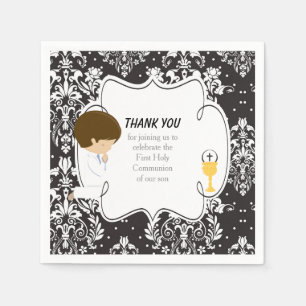 First Communion Brunette Boy Black Damask Napkin