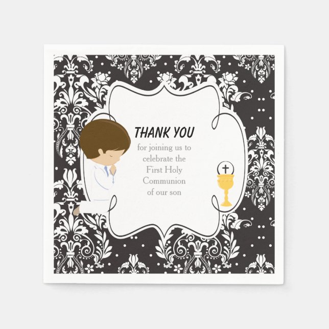 First Communion Brunette Boy Black Damask Napkin (Front)