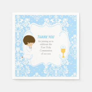 First Communion Brunette Boy Blue Damask Napkin
