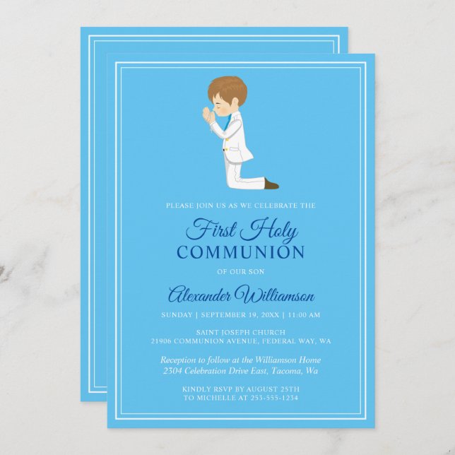 First Communion Brunette Boy Blue Invitation (Front/Back)
