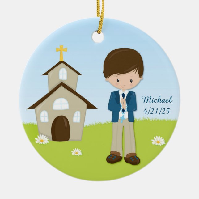 First Communion, Brunette Boy Ceramic Ornament (Front)