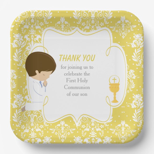 First Communion Brunette Boy Gold Damask Paper Plate (Front)