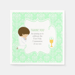 First Communion Brunette Boy Green Damask Napkin