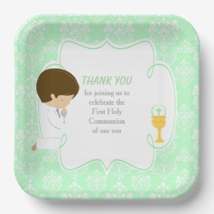 First Communion Brunette Boy Green Damask Paper Plate