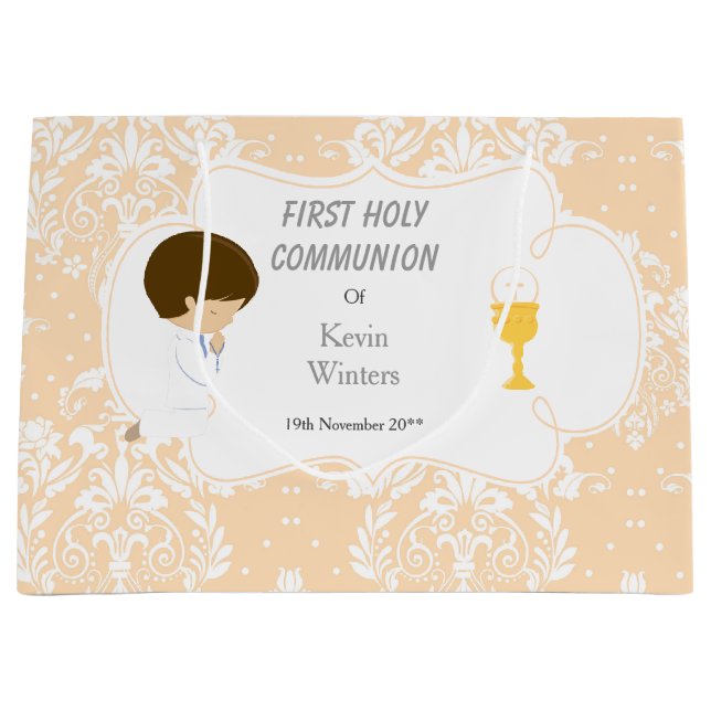 First Communion Brunette Boy Peach Damask Large Gift Bag (Front)