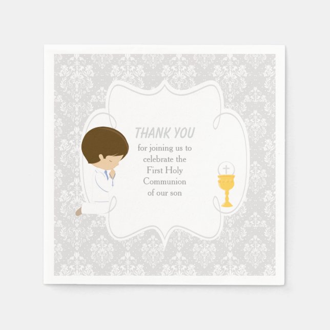 First Communion Brunette Boy Silver Damask Napkin (Front)