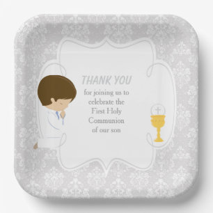 First Communion Brunette Boy Silver Damask Paper Plate