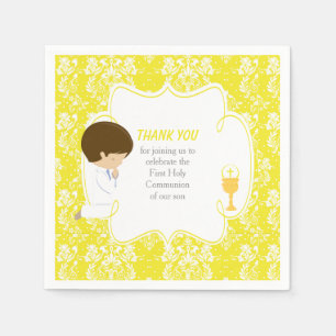 First Communion Brunette Boy Yellow Damask Napkin