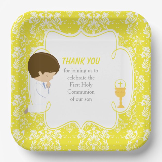 First Communion Brunette Boy Yellow Damask Paper Plate (Front)