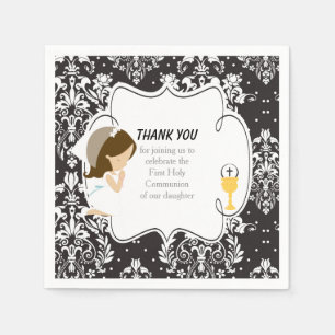 First Communion Brunette Girl Black Damask Napkin