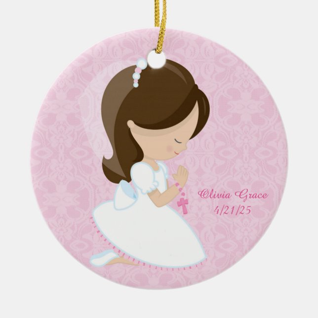 First Communion, Brunette Girl Ceramic Ornament (Front)