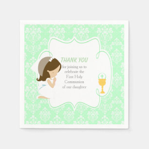 First Communion Brunette Girl Green Damask Napkin