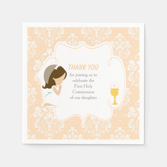 First Communion Brunette Girl Peach Damask Napkin (Front)