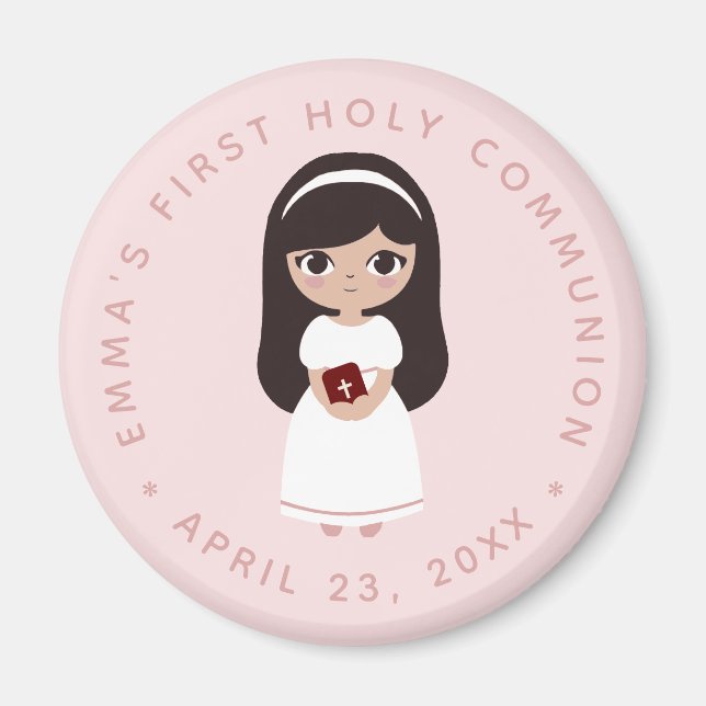 First Communion Brunette Girl Pink Cute Catholic Magnet (Front)