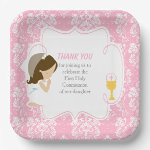 First Communion Brunette Girl Pink Damask Paper Plate