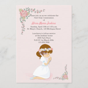 First Communion Brunette Girl Pink Invitation