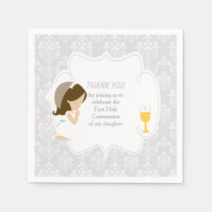 First Communion Brunette Girl Silver Damask Napkin