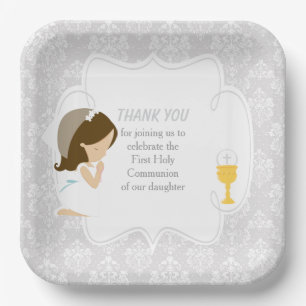 First Communion Brunette Girl Silver Damask Paper Plate