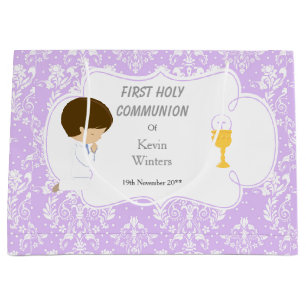 First Communion Brunette Hair Boy Thank You Large Gift Bag