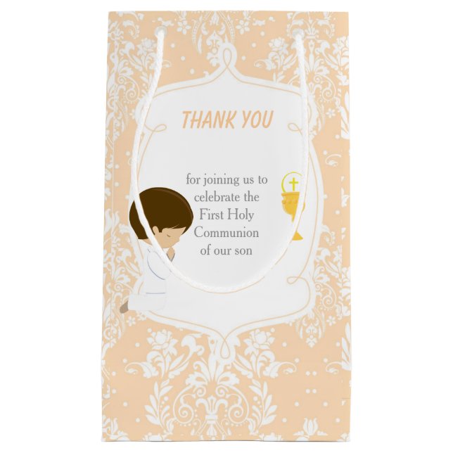 First Communion Brunette Hair Boy Thank You Small Gift Bag (Front)