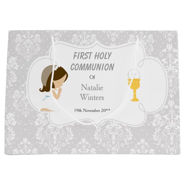 First Communion Brunette Hair Girl Thank You Large Gift Bag (Front)