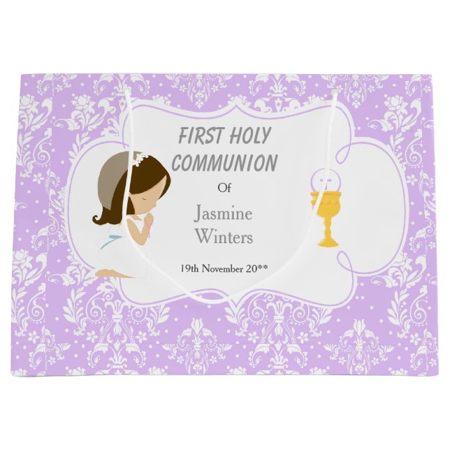 First Communion Brunette Hair Girl Thank You Large Gift Bag (Front)