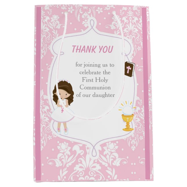 First Communion Brunette Hair Girl Thank You Medium Gift Bag (Front)
