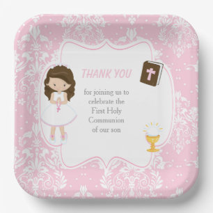 First Communion Brunette Hair Girl Thank You Paper Plate