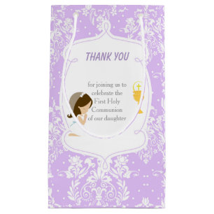 First Communion Brunette Hair Girl Thank You Small Gift Bag